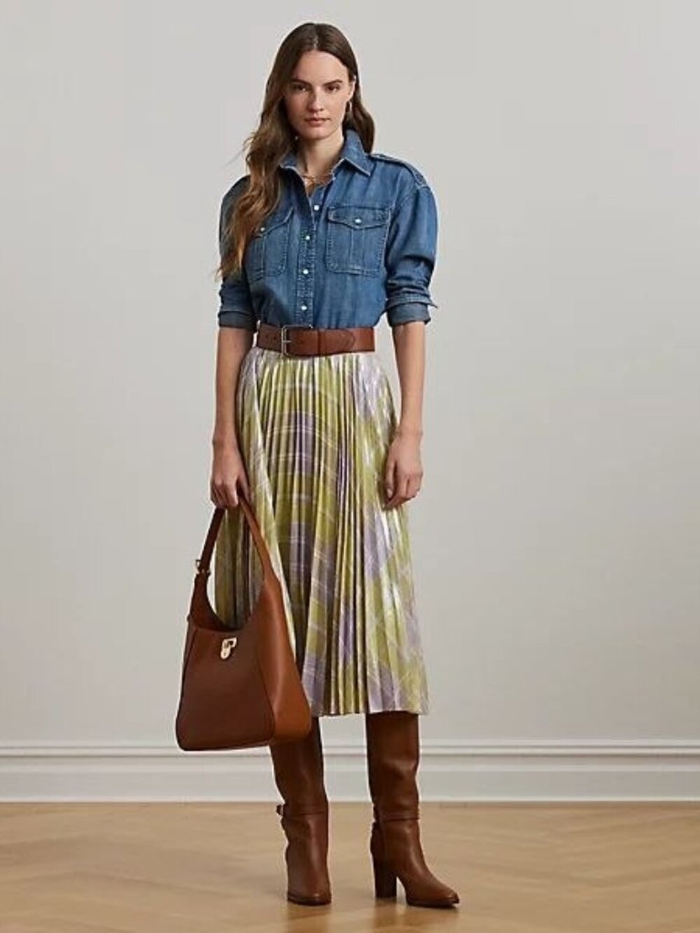 $245 Lauren Ralph Lauren Checked Plaid Pleated Georgette Skirt Green Size 12